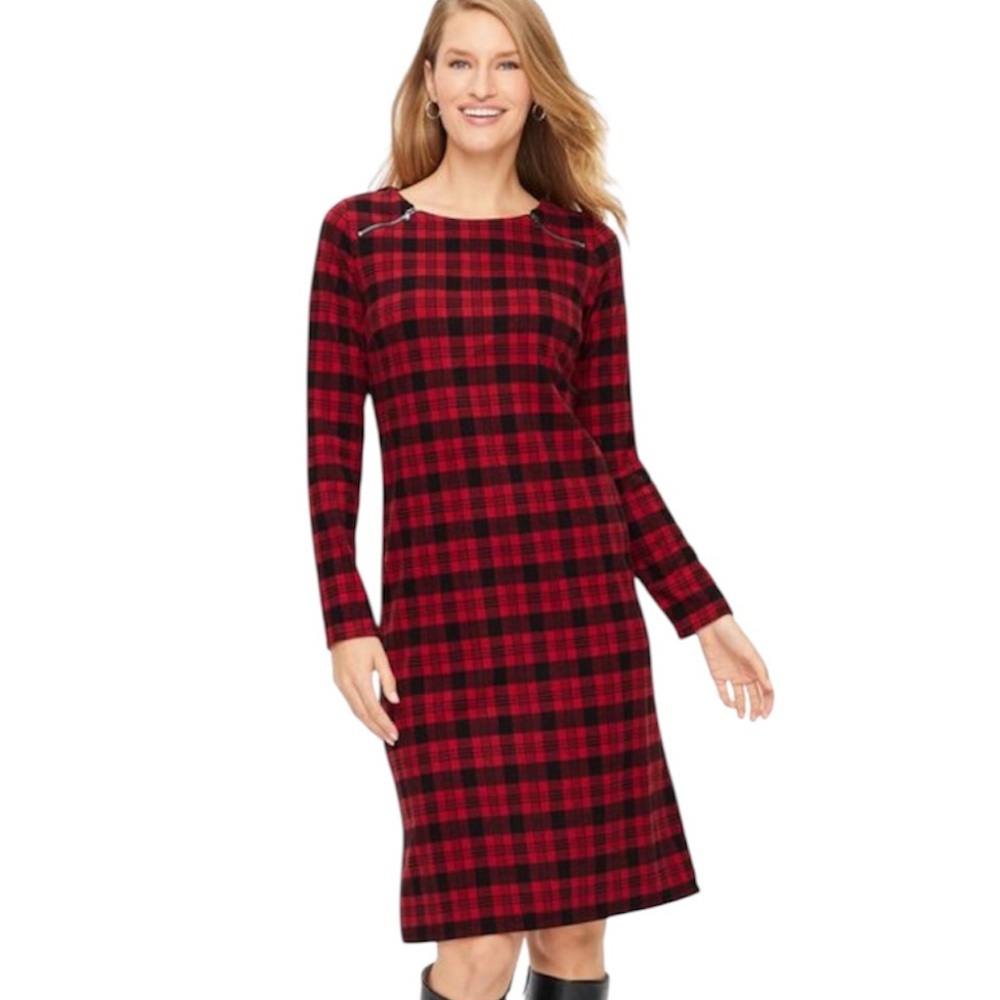 Talbots Red & Black Tartan Plaid Shift Dress Size Medium Petite MP